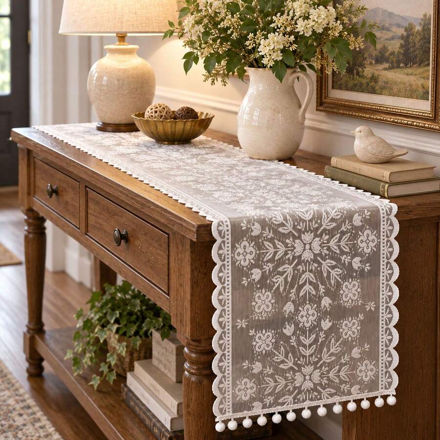 White Lace Snowflake Table Runner With Pom Pom Trim, Suitable For Christmas Indoor/Outdoor Home Decor And Party Atmosphere Setup - Multiple Styles - View 1