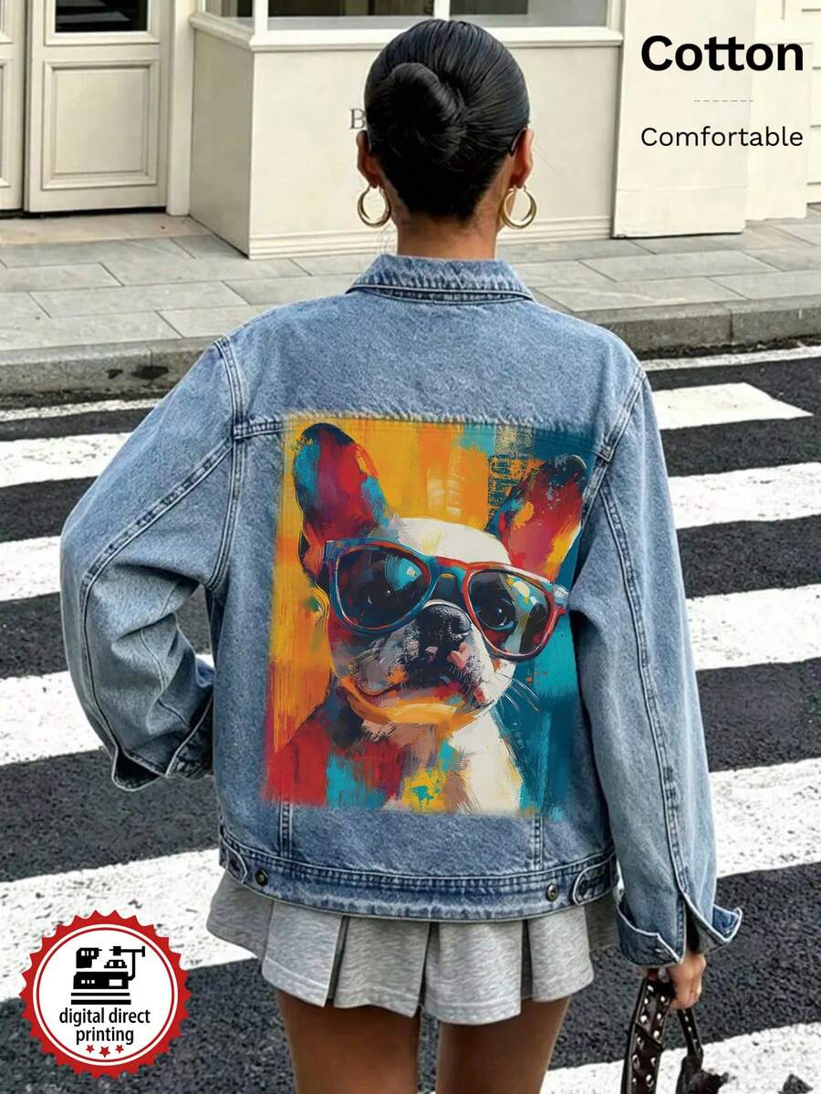 Women's Denim Jacket, Skull Graphic White Ink Direct-To-Garment Print, Vintage Washed Loose Fit Denim Jacket - Light Denim Blue 2 - View 1