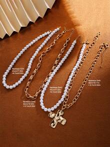 4pcs Vintage Fashion Gothic Punk Style Multi-Element Metal Cross Pendant & Layered Faux Pearl Beaded Necklace Set, Suitable For Men's Daily Wear, Party Decoration, Outfit Matching Charming Jewelry Set - Yellow Gold - View 4