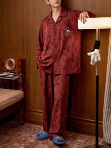 Gongdie Disney 2pcs  Christmas Men's Couple Pajama Set, Autumn Red Soft Pure Cotton Loungewear With Pockets - Red - View 4