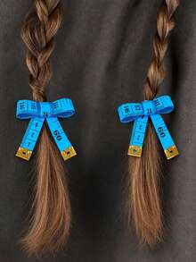 2PCS Funny Blue Tape Measure Bow Hair Clip, Y2K Quirky Ruler Hair Barrettes, Creative Novelty Hair Accessories For Party Random Pattern Numbers - Blue - View 1