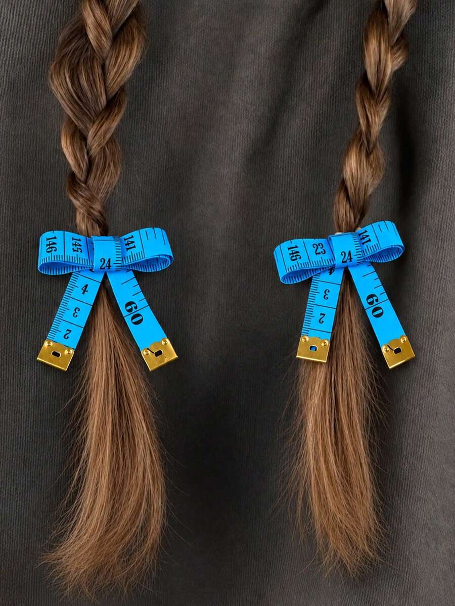 2PCS Funny Blue Tape Measure Bow Hair Clip, Y2K Quirky Ruler Hair Barrettes, Creative Novelty Hair Accessories For Party Random Pattern Numbers - Blue - View 1