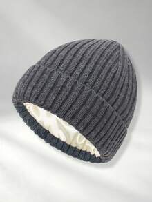 1pc Satin Lining Autumn/Winter Striped Ribbed Warm Knitted Hat, Satin Hair Protection Cold-Proof Woolen Beanie - Ribbed Knit - View 9