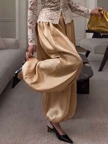 Slouchy Loose Drapey Satin Texture Lantern Pants Long Pants For Vacation Daily Travel - Gold - View 1