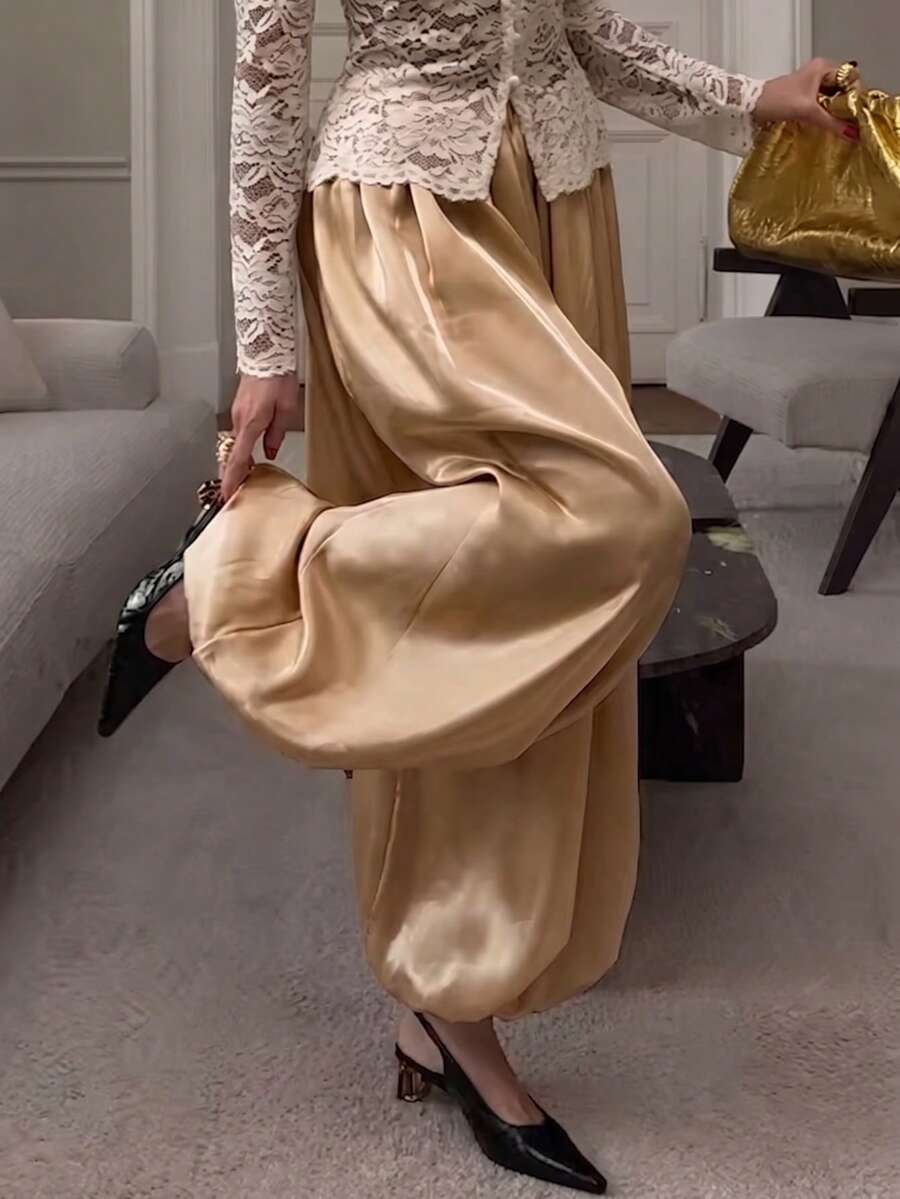 Slouchy Loose Drapey Satin Texture Lantern Pants Long Pants For Vacation Daily Travel - Gold - View 1