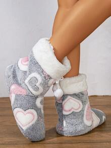 2026 All-Season Women's Indoor Slippers, Heart Pattern With Ball Decoration, Warm Lining Casual House Shoes - Grey - View 2