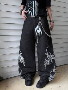 1pc Vintage American Street Style Embroidered Loose Fit Relaxed Straight Leg Jeans, Comfortable & Versatile For All Seasons (Excluding Belt & Accessories) - Black - View 3