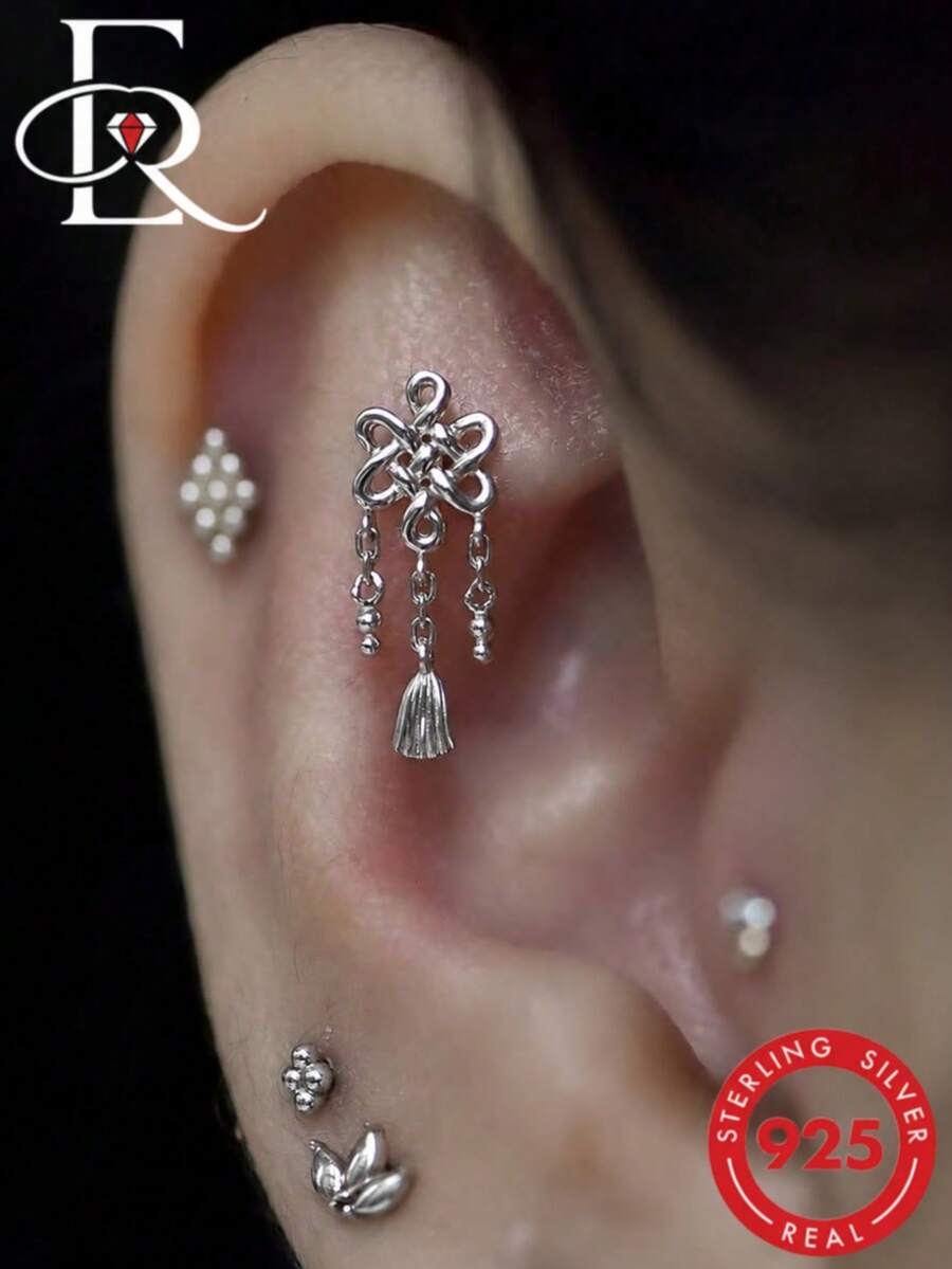 EleRunis 1pc 925 Sterling Silver Traditional Chinese Knot Tassel Pendant Stud Earrings, Hypoallergenic Dangle Earrings, Holiday Birthday Gift - Silver - View 1