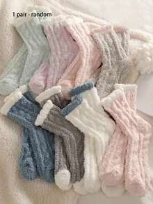 6 Pairs Plush Lined Soft Warm Wool Slippers Socks, Winter Warm Socks, Christmas Gift, Ideal Choice For Women In Autumn - Multicolor - View 9