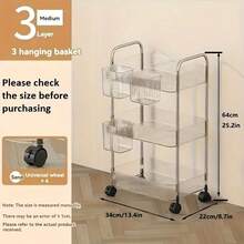 1pc Transparent Wavy Texture Rolling Storage Cart With Side Storage Bucket, Multi-Scenario Makeup, Books, Toiletries, Small Items Organizer Rack, Space-Saving Storage Essential For Apartment, Dorm, Kitchen, Vanity - Multicolor - View 15