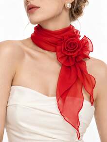 Women's Lightweight Sheer Chiffon Scarf With Detachable 3D Rose Decor, Wavy Ruffle Edge Long Neck Scarf, Suitable For Wedding, Party And Daily Wear - Multicolor - View 5