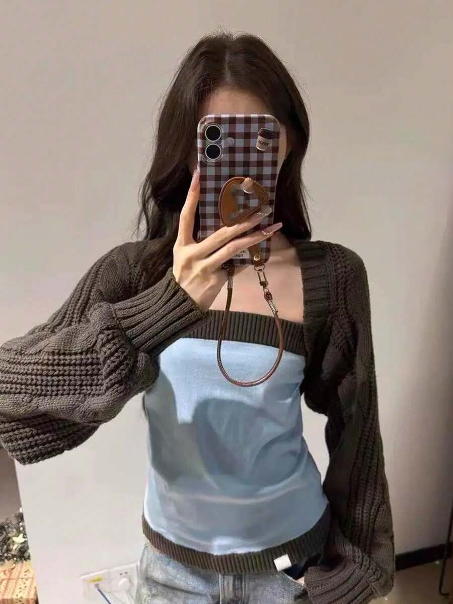 Patchwork Contrast Color Knitted Tube Top & Cable Knit Vest 2 Pieces Set - Brown - View 1