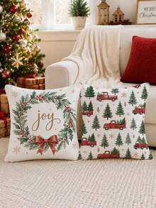 Christmas Minimalist Christmas Tree Pattern Cushion Cover 4pcs Set, Single-Sided Printed Peach Skin Velvet Polyester Material, 45*45CM Pillowcase For Modern Fabric Sofa Indoor Decor, Party Decoration, Gift Giving - Multicolor - View 5