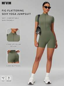 MFVIM Women's Slimming Jumpsuit, Half-Zip Stand Collar Fitted Design, Comfortable Casual Sports Running Outfit, Spring/Summer/Autumn - Mint Green - View 2