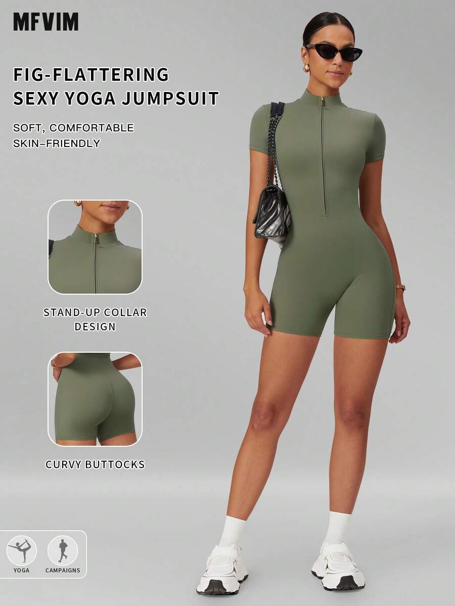 MFVIM Women's Slimming Jumpsuit, Half-Zip Stand Collar Fitted Design, Comfortable Casual Sports Running Outfit, Spring/Summer/Autumn