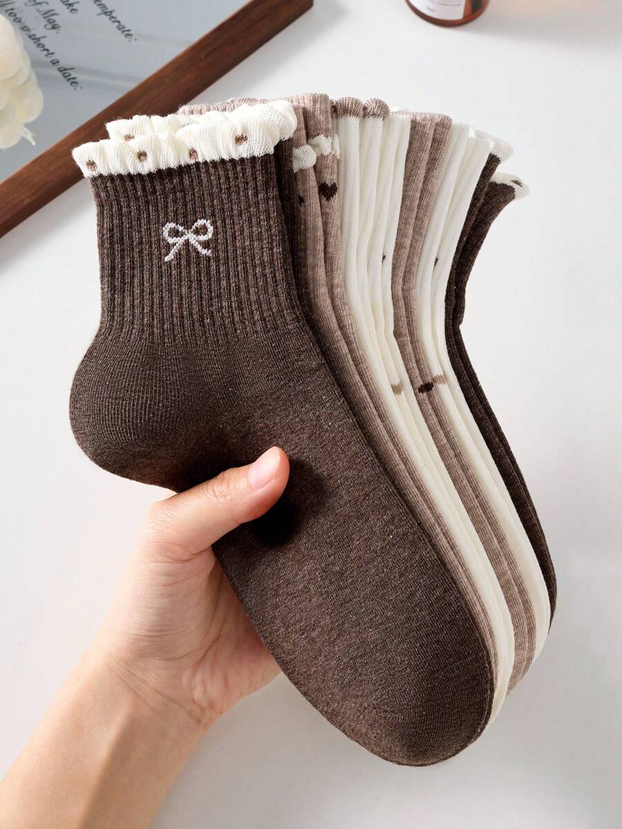 4 Pairs Women's Cute Sweet Breathable Bowknot Heart Polka Dot Cartoon Pattern Short Invisible Boat Socks, Ankle Socks, Ruffle Socks, White Socks, Sports Socks, Student Socks, Maillard Style, Suitable For Daily Casual Wear, Random Color, Suitable For Spring Summer Autumn Winter All Seasons - Multicolor - View 1