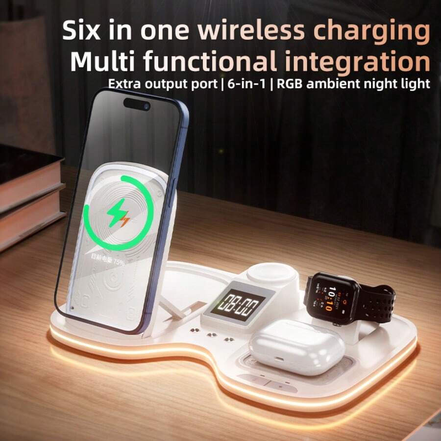 6 In 1 Magnetic Wireless Charging Station For Phone, Smart Watch & Earbuds, Multi-Device Desktop Charger Stand, Foldable Fast Wireless Charger Compatible With Iphone