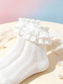 1 Pair Solid Color Autumn Cute Fabric Ruffle/Lettuce Edge Short Socks, All/Global/Universal, Minimalist Cute, Suitable For Lolita Floral Dress, Versatile For Daily Wear And Home - Multicolor - View 5