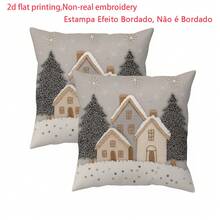 2pcs/Set 2D Flat Print Christmas Pillow Covers, Non-Embroidered Cottage Style Decorative Cushion Covers, Polyester Farmhouse Winter Pillowcases, Suitable For Bedroom Living Room Sofa, Non-Real Embroidery (Pillow Insert Not Included) - Multicolor - View 13