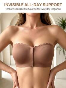 Bra Bandeau Wanita dengan Penutup Depan, Trim Bergelombang, Tepi Silikon Anti-Selip yang Lebih Lebar, Lingerie Tanpa Kawat dan Tanpa Jahitan, Lapisan Lembut dan Nyaman - Coffee Brown - View 4