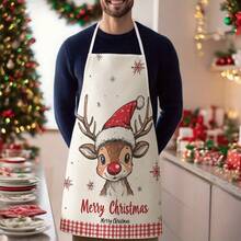 1pc Charming Christmas Theme Apron, Made Of Linen Material: It Features A Cute Reindeer Wearing A Christmas Hat, Accompanied By Snowflakes And "Merry Christmas" Text, Making It An Ideal Choice For Holiday Kitchen Decor - View 2