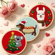 DIY Punch Needle Kit For Beginners – Includes Punch Needle, Yarn, Instructions, Square Hoop & Pre-Printed Fabric (Holiday Animals). Creative Craft For Wall Decor Or Gifting. 2D Printed Punch Needle Starter Kit. 20x20cm (7.87x7.87 In). - Holiday Animals - View 2