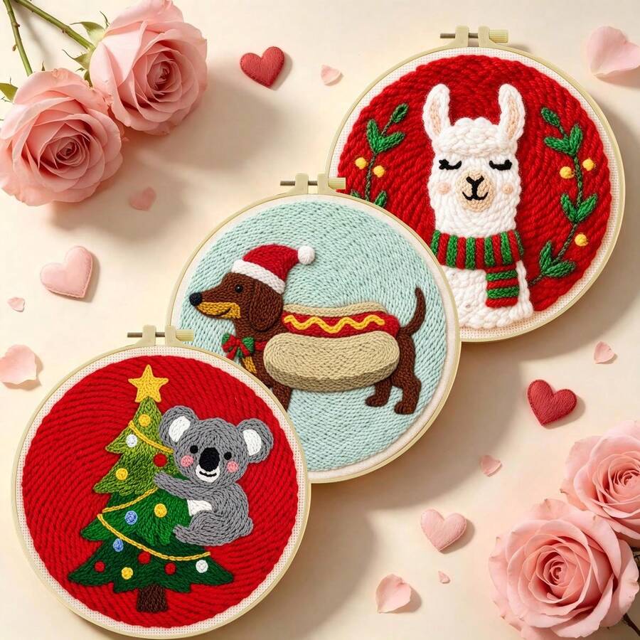 DIY Punch Needle Kit For Beginners – Includes Punch Needle, Yarn, Instructions, Square Hoop & Pre-Printed Fabric (Holiday Animals). Creative Craft For Wall Decor Or Gifting. 2D Printed Punch Needle Starter Kit. 20x20cm (7.87x7.87 In).