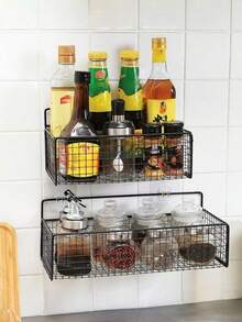 1/2pcs No-Drill Wall-Mounted Storage Basket, Self-Adhesive Iron Hanging Rack, Bathroom & Kitchen Storage Shelf, Sturdy Holder For Shampoo, Soap And Daily Toiletries - Black - View 6