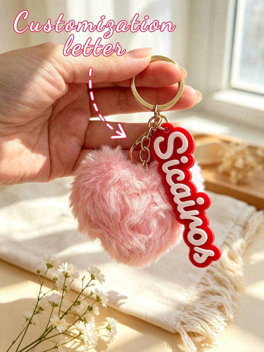 Custom Name Heart Plush Keychain, Personalized Fluffy Heart Bag Charm, Cute Pendant For Handbags, Backpacks & Purses - Multicolor - View 1