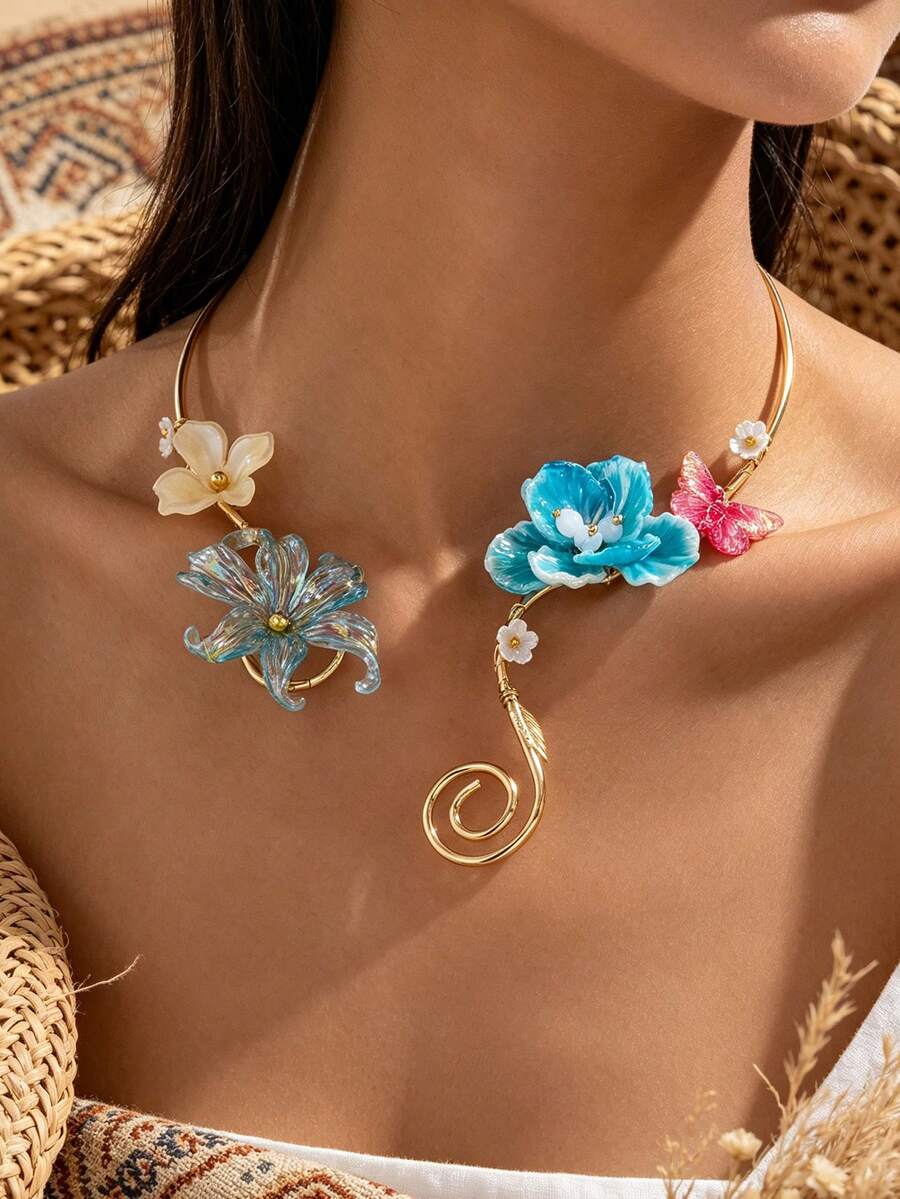 1 buah Kalung Leher Terbuka Spiral Kupu-kupu Asimetris Motif Bunga Gradien Merah Muda Lembut untuk Liburan - Kalung bunga - View 1