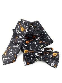 ZLQ&GOU 3 PCS Fashion Musical Instrument Graffiti Print Tie Set, Includes Necktie, Pocket Square, Bow Tie, Suitable For Party Events And Gatherings - Multicolor - View 1