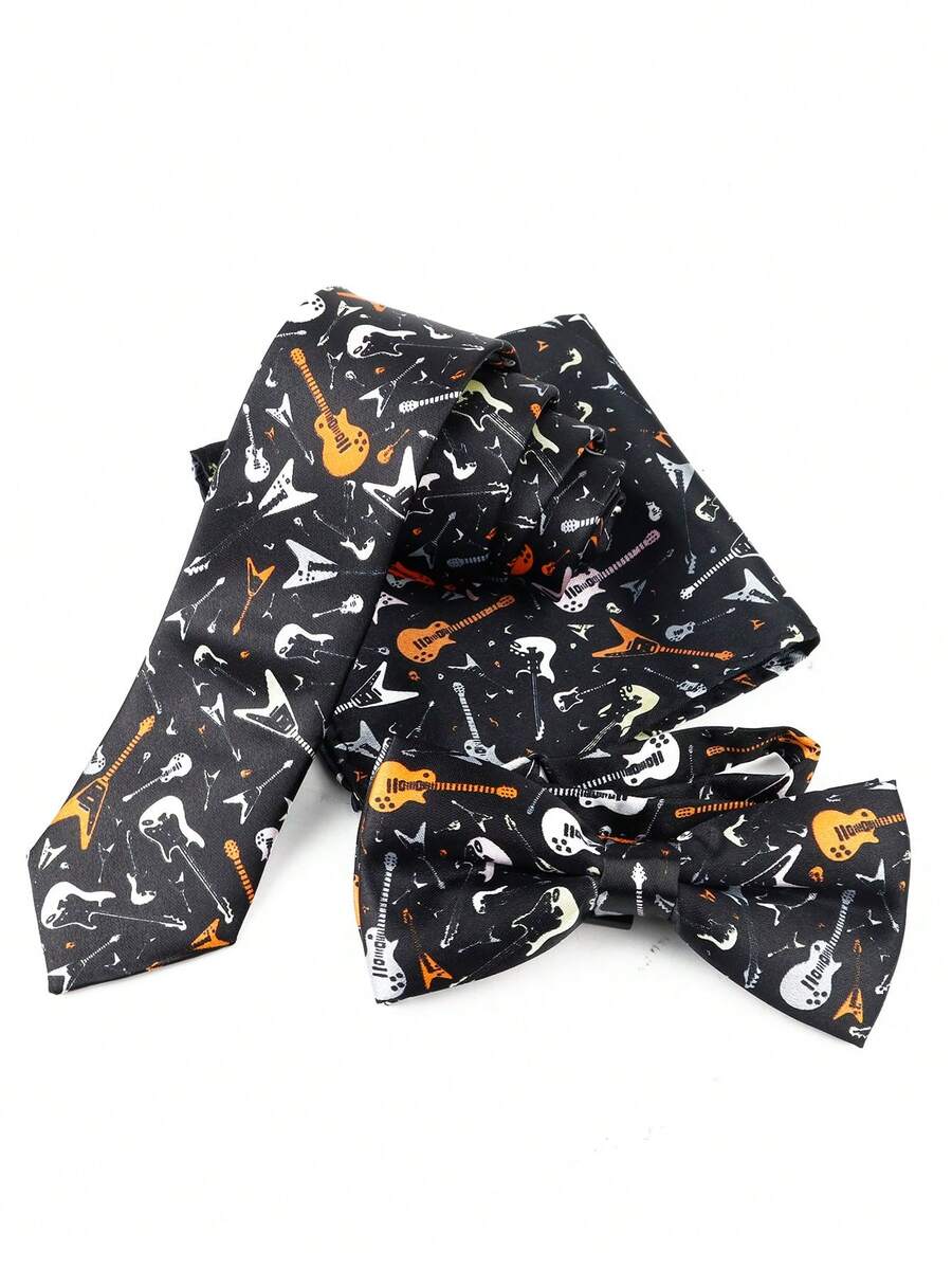 ZLQ&GOU 3 PCS Fashion Musical Instrument Graffiti Print Tie Set, Includes Necktie, Pocket Square, Bow Tie, Suitable For Party Events And Gatherings - Multicolor - View 1