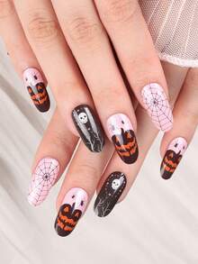 16pcs Autumn Fall Gothic Pink Black Pumpkin Leaf Spider Web Nail Wraps, Cute Spooky Self-Adhesive Nail Polish Strips For DIY Manicure - Multicolor - View 3