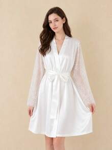 Women's Embroidered Satin Robe, Lace Flared Sleeve Wedding Morning Robe, Bridal Bathrobe For Home - White - View 4