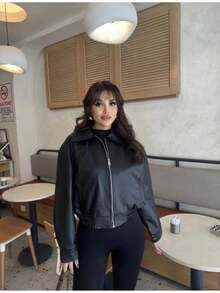 Women's Leather Bomber Leather Jacket WOMEN BLACK - Black - View 2