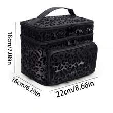 Black Minimalist Fashion Mesh Leopard Print, Large Capacity Multifunctional Double Layer Makeup Bag, Single Handle Multi-Pocket Convenient Design, Foldable Storage Bag, Compartment Storage - Black - View 7