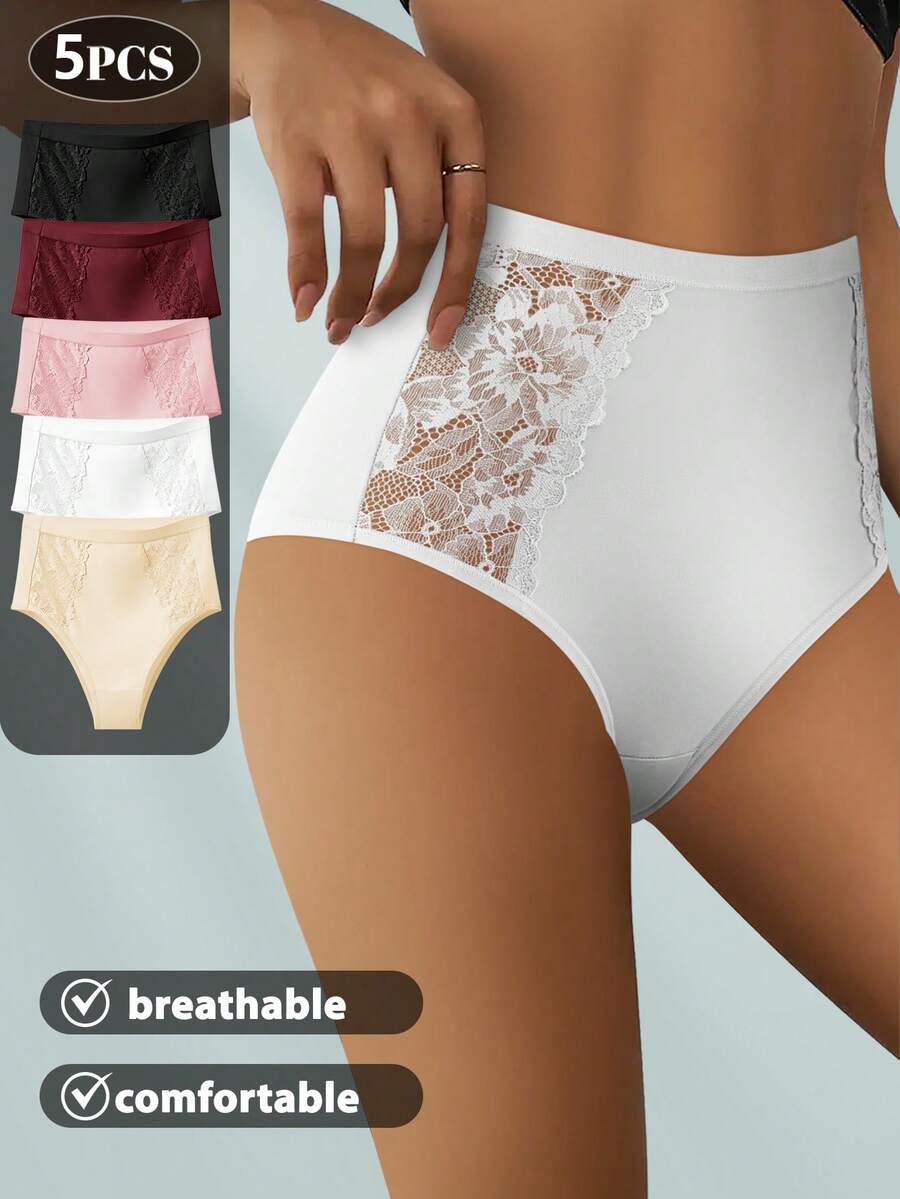 XGDFAY 5pcs/Pack High Waist Tummy Control Side Lace Patchwork Women's Panties, Hip-Flattering Solid Color Triangle Briefs Set - Multicolor - View 1