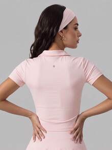 VUTRU Slim Fit Polo Collar Short Sleeve Solid Color V-Neck Sports T-Shirt For Running And Fitness - Baby Pink - View 5