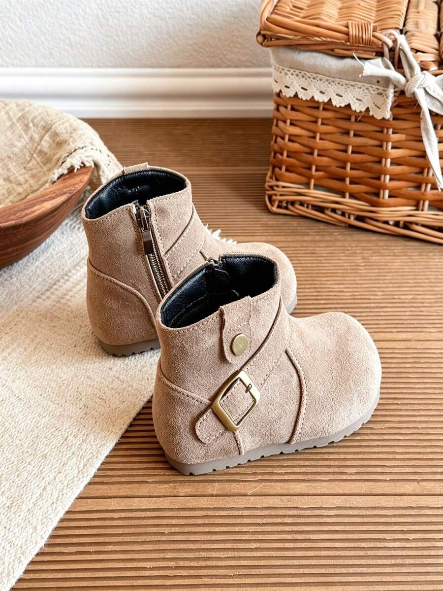 可愛保暖兒童靴:毛絨靴口黑色蝴蝶結長靴 - 卡其色 - 查看 1