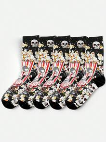 Cool 360° Printed Men's Socks - Streetwear Socks,Popcorn Skull,Crown Graffiti Skull,Colorful,Funny Socks, Fit Daily, Holiday & Party Occasions - Black - View 4