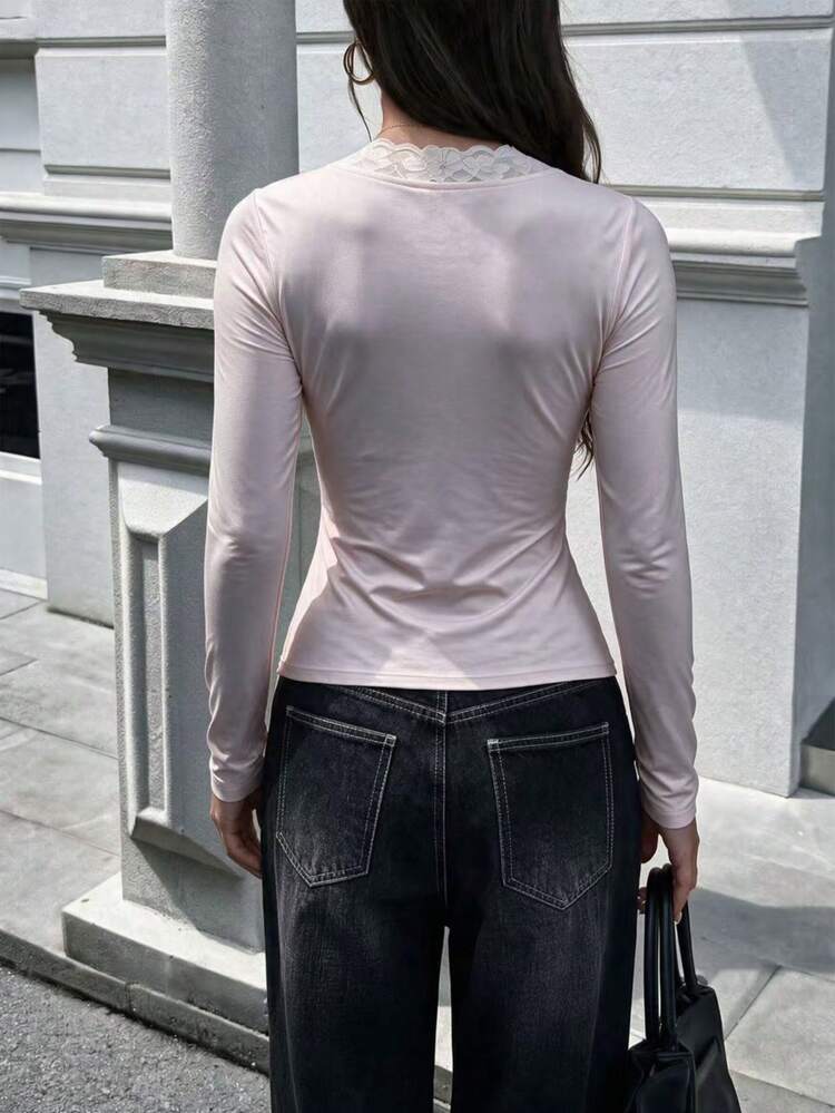 Y2K蕾絲飾邊粉色甜美深V領修身彈性短款長袖上衣 女款休閒日常約會柔順襯衫 春夏秋冬 - 粉色 - 查看 5