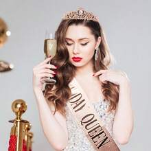 Dekorasi Ulang Tahun Rose Gold untuk Wanita, Selempang dan Mahkota Tiara, Mahkota Selamat Ulang Tahun untuk Wanita Dewasa, Perlengkapan Dekorasi Pesta, Bando Berlian Imitasi, Berkilau - Emas mawar - View 4