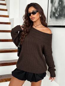 Women's Autumn/Winter Asymmetric Asymmetric Neck Ruched Neck Vertical Ribbed Minimalist Slouchy Loose Knit Top - Coffee Brown - View 6