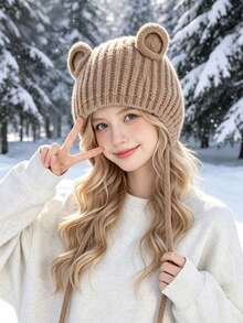 1pc Adult Bear Ear Decor Soft Knitted Warm Cute Style Knitted Ear Muffs Hat For Winter Outdoor Daily Wear - Multicolor - View 3