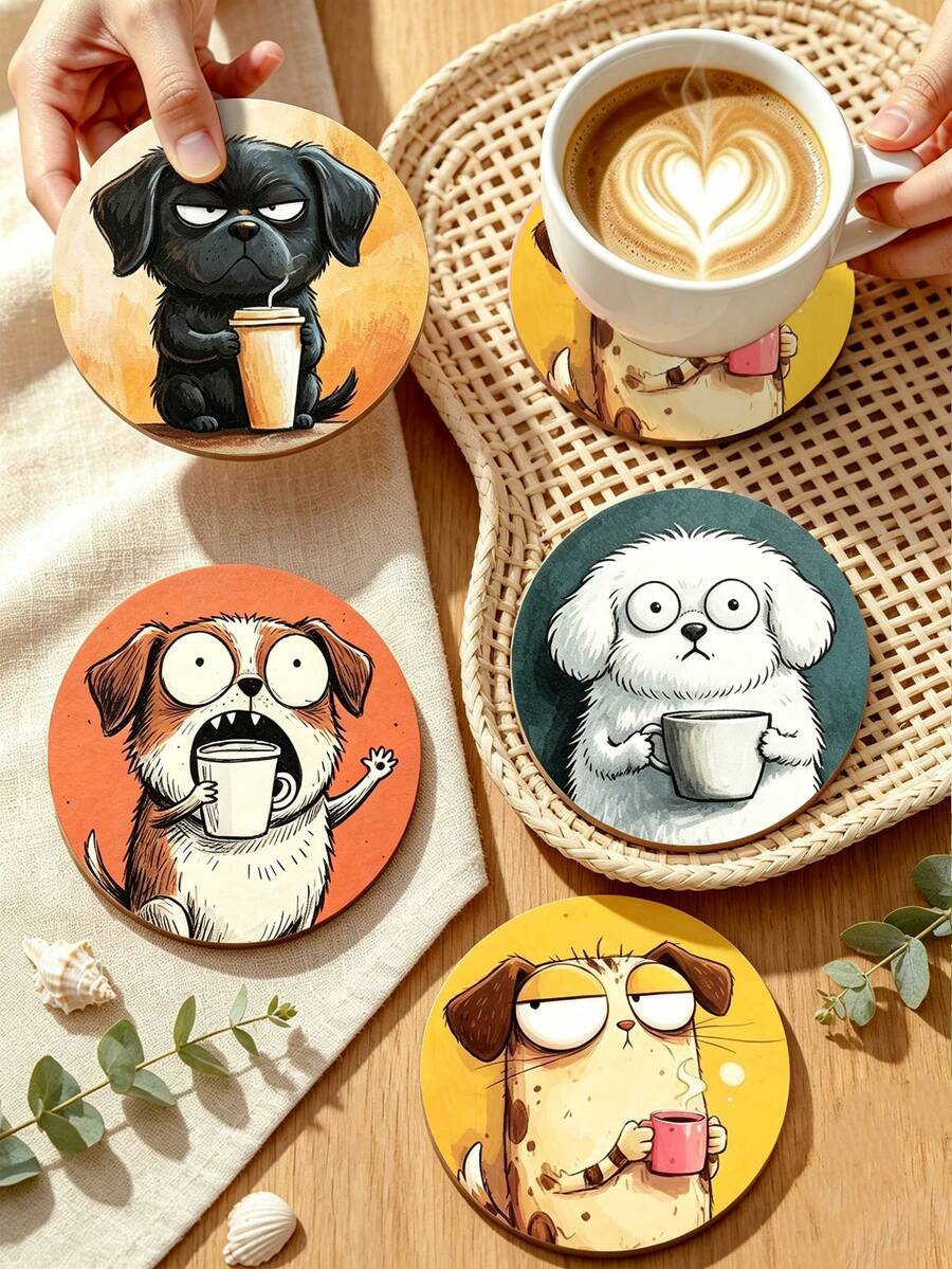 1/4pcs Cute Big Eye Dog Print Wooden Coasters, Fun Puppy Coffee Art Drink Coaster Set, Heat-Resistant Coffee Table Coasters, Home Decor, Kitchen Bar, Party Table Protection, Non-Slip Beverage Coasters, Perfect Housewarming Gift For Dog Lovers - Multicolor - View 1
