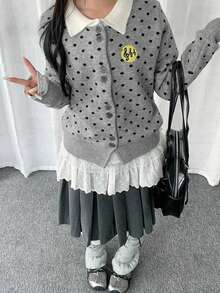 Women's Polka Dot & Musical Note Applique Embroidered Knit Cardigan, Early Autumn Lapel Button-Up Top - Grey - View 4