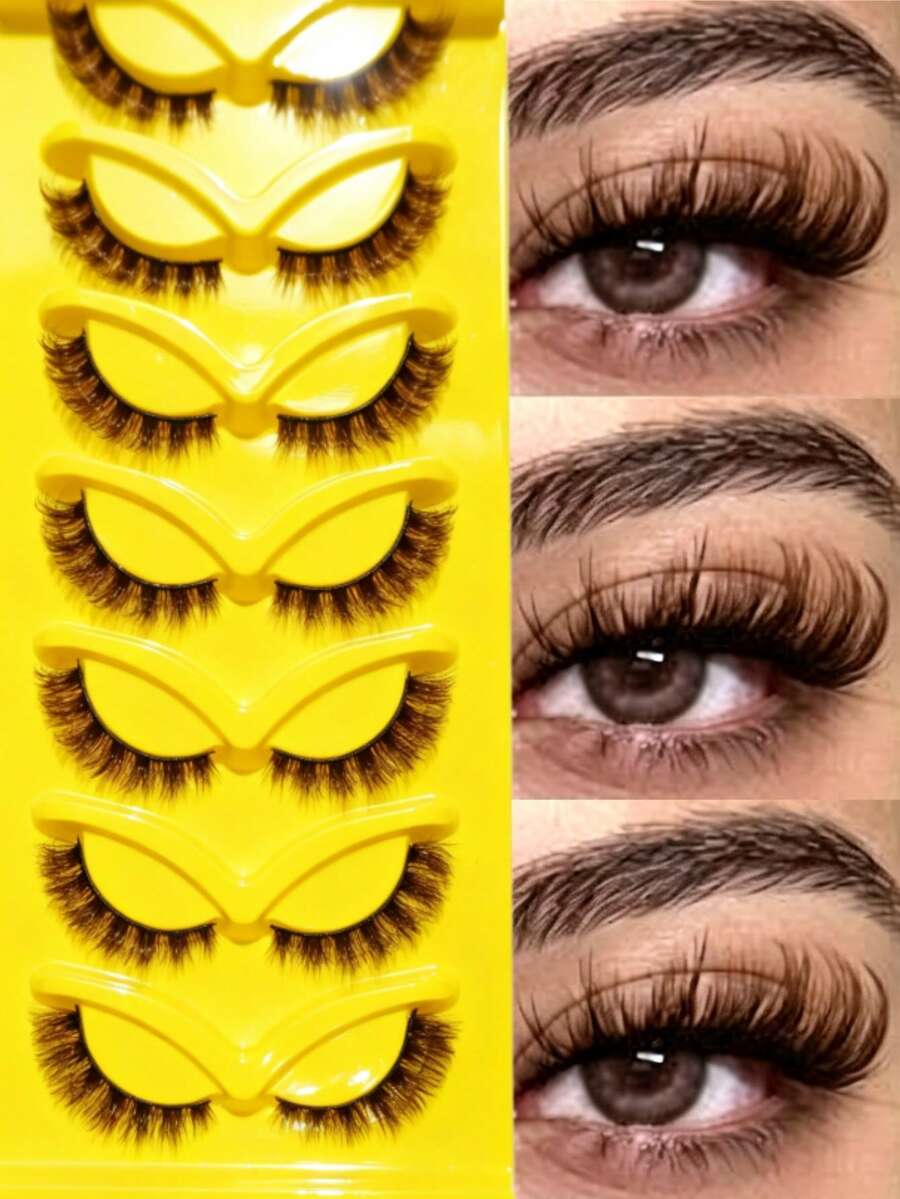 7 Pairs 8D Fluffy Voluminous Faux Mink False Eyelashes, D Curl Thick Full Strip Lashes,Lightweight Reusable Dramatic Eye Makeup Lashes For Halloween Club Party - Brown - View 1