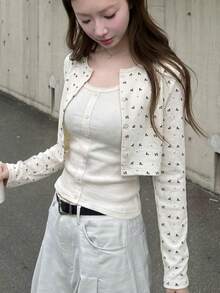 Floral Knit 2 Pieces Set, Black & Grey, Autumn/Winter, Short Knit Cardigan & Tank Top - Apricot - View 1