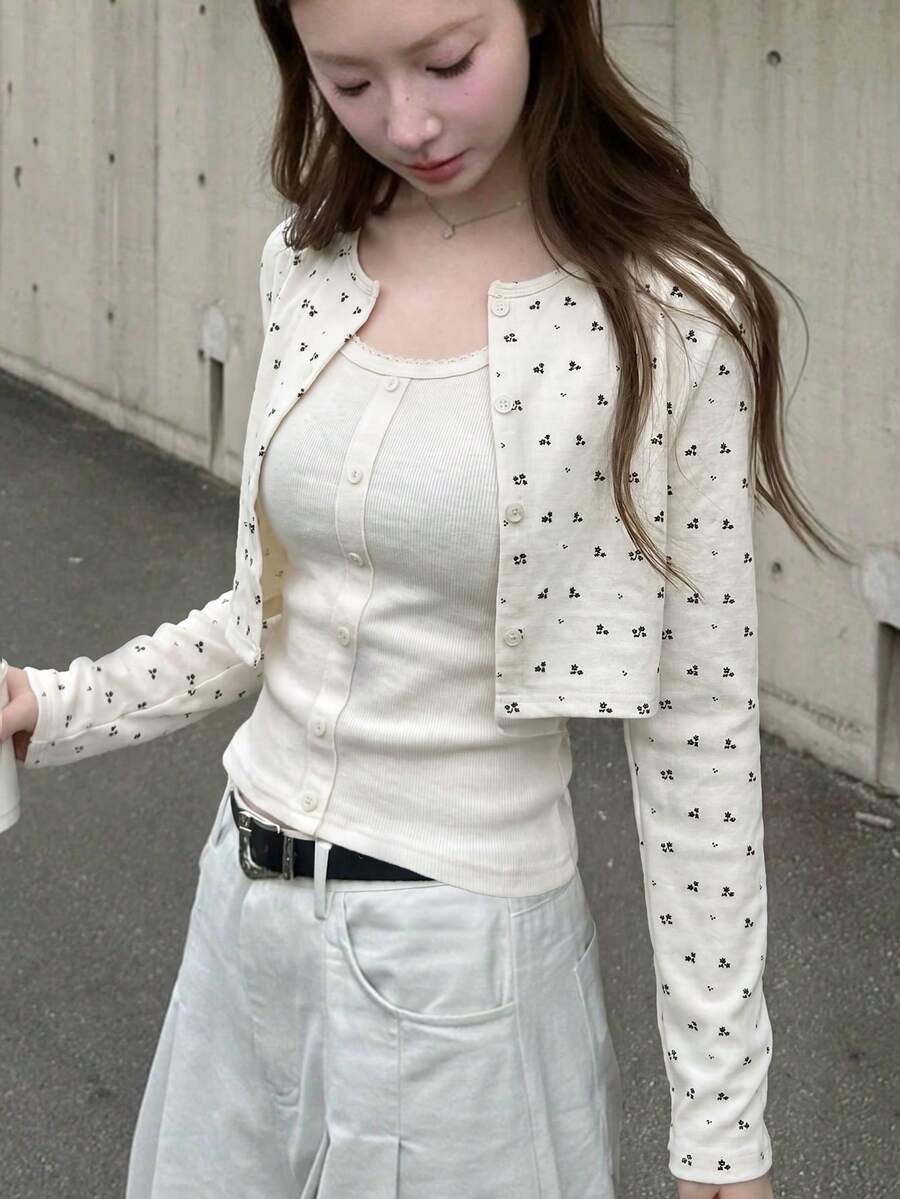 Floral Knit 2 Pieces Set, Black & Grey, Autumn/Winter, Short Knit Cardigan & Tank Top - Apricot - View 1