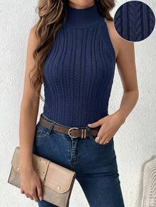 Rompi Sweater Rajut Wanita Model Leher Setengah Tinggi untuk Musim Gugur/Dingin, Rompi Sweater Rajut Musim Gugur - Royal Blue - View 9